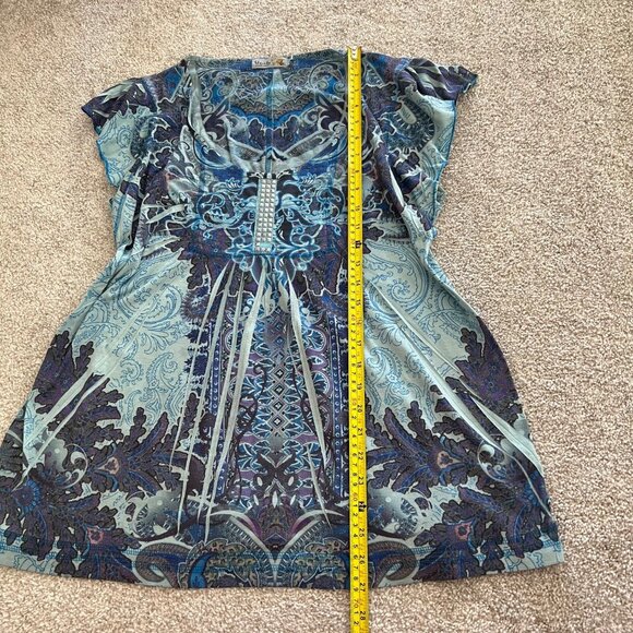 Y2K Floral Flowy Blue Flutter Sleeve Scoop Neck Stretchy Top - Picture 7 of 8